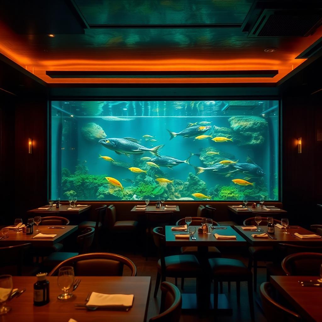Restaurant interior with fish tank wall